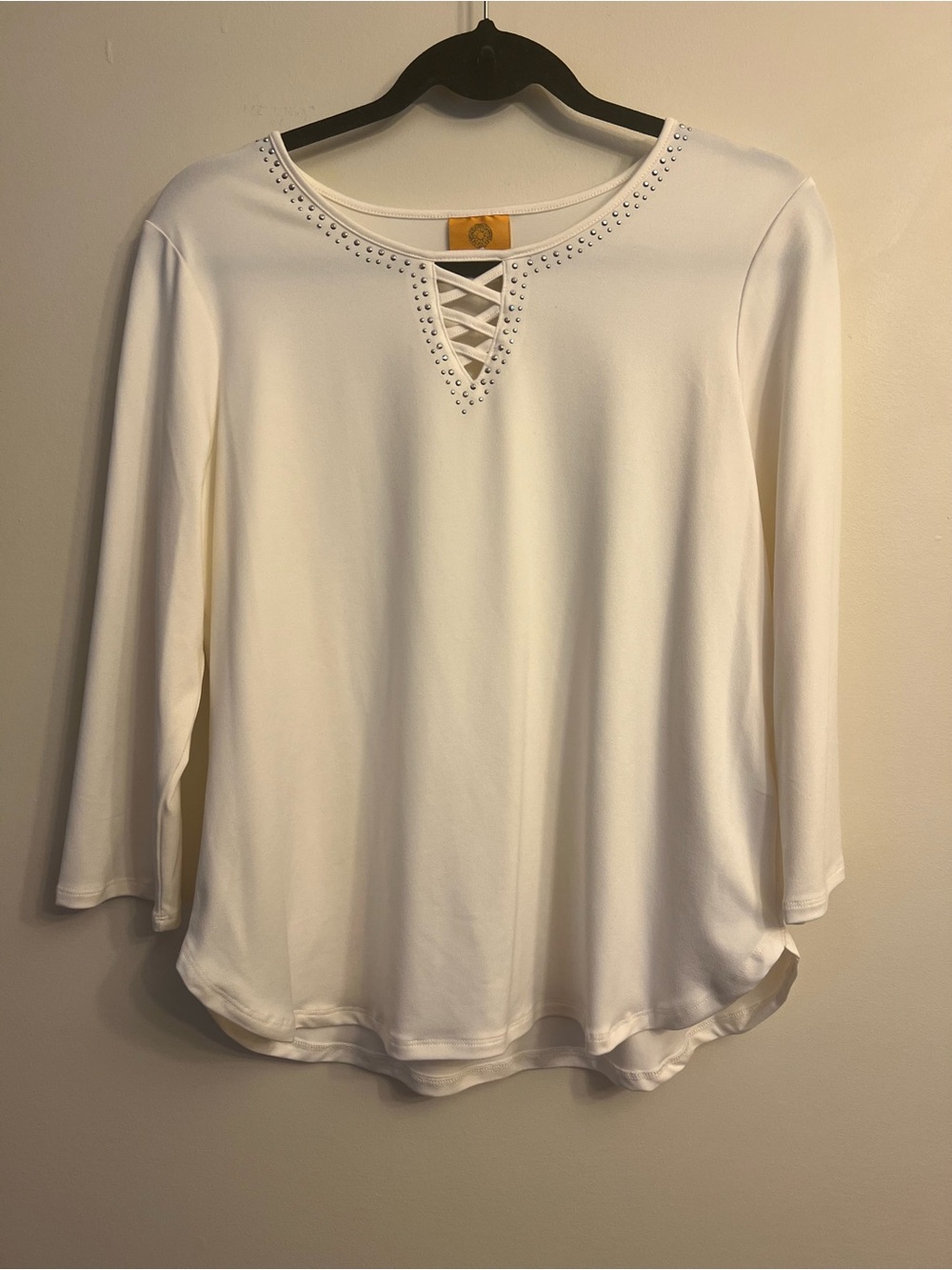 Ruby Rd. White Long-Sleeve Lace-Up Studded Neckline Top